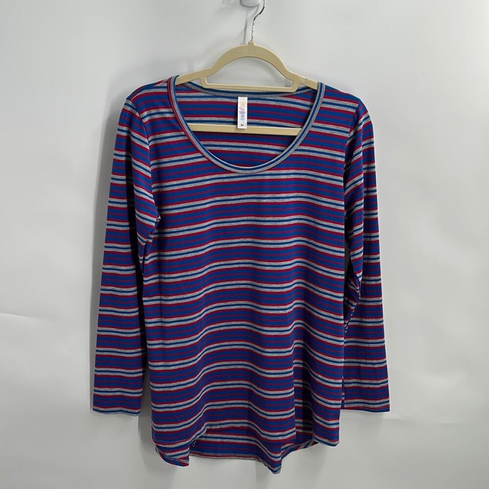 LuLaRoe Lynnae Blue Gray & Pink Stripe Long Sleeve NWT Pullover Top Size Medium